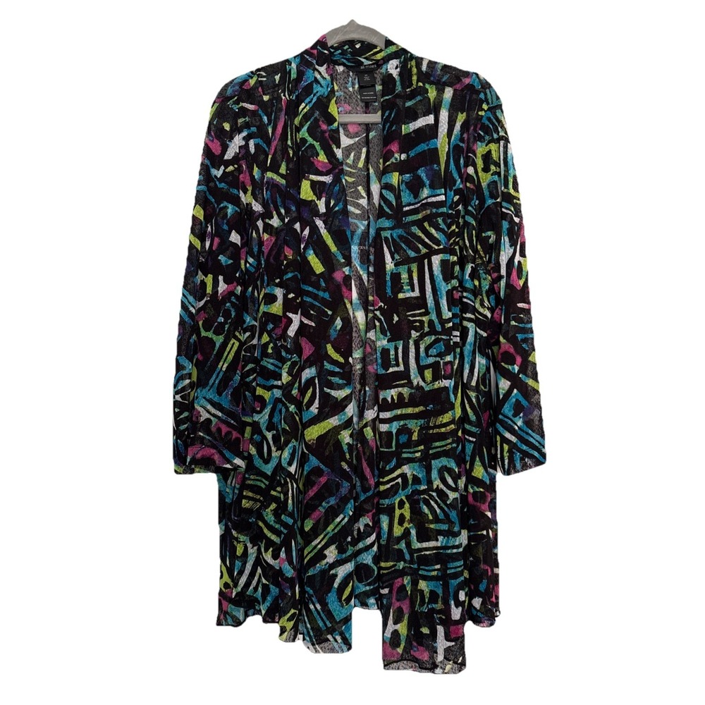 Ali Miles Shawl Collar Mesh Colorful Topper Cardigan Draped Flowy Size 2x Sheer